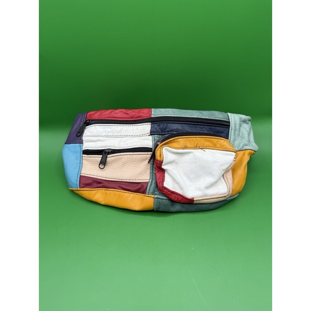 BOHO Fanny Waist Pack / Bag Colorful Patchwork Genuine Leather Pockets VTG 80s